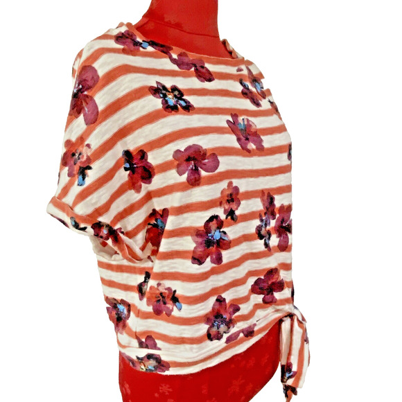 Anthropologie Postage Stamp XS Cropped Tee Shirt Top Red Stripe Floral Tie Waist - Picture 4 of 8